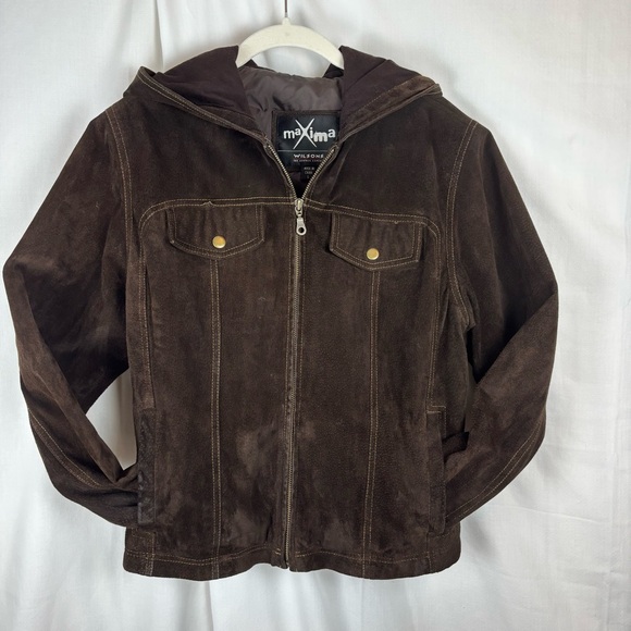Maxima Dark Brown Suede Hooded Jacket 4 Front Pockets by Wilson’s Leather - Picture 1 of 16